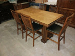 Rustic Wooden / Black Leather Counter Height Dining Room Table Set