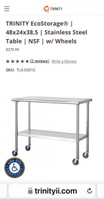 NIB Trinity 48” Stainless Steel Table w/ Casters