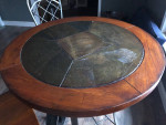 High top table, 2 chairs wrought iron and wood