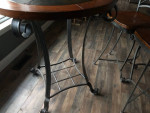 High top table, 2 chairs wrought iron and wood