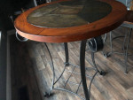 High top table, 2 chairs wrought iron and wood