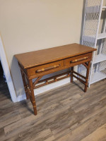 MCM 2 Drawer Rattan Style Desk/Hall Console Table w/Wicker Accents