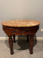 Vintage Ornate Chinoiserie Asian Oriental Oval Marble Top Table