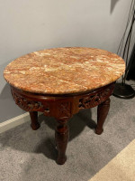 Vintage Ornate Chinoiserie Asian Oriental Oval Marble Top Table