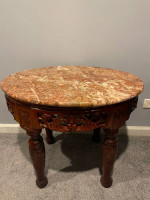 Vintage Ornate Chinoiserie Asian Oriental Oval Marble Top Table