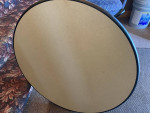 Very small gray table and 4 stackable chairs