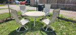Newer High End Patio Table, Swivel Rocking Chairs & Umbrella