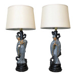 Midcentury Chinoiserie Figural Table Lamps Chalkware Asian Couple Pair