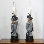 Midcentury Chinoiserie Figural Table Lamps Chalkware Asian Couple Pair