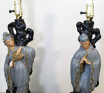 Midcentury Chinoiserie Figural Table Lamps Chalkware Asian Couple Pair