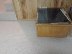 TABLE WITH INSERTED GLASS TOP  AND STORAGE-