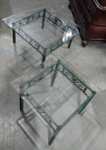 Matching Glass Top Coffee & Side Table Green Metal Base Leaf Design