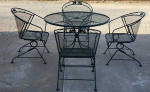Woodard Vintage Wrought Iron Patio Table w/4 Barrel Back Spring Chairs