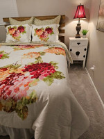 Bedroom set - headboard, mattress, bedding, lamp, end table, plant