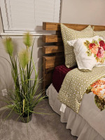 Bedroom set - headboard, mattress, bedding, lamp, end table, plant