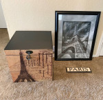 Paris theme lot : wood storage chest / side / coffee table .SEE DESCRI