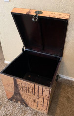 Paris theme lot : wood storage chest / side / coffee table .SEE DESCRI
