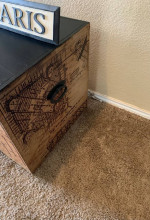 Paris theme lot : wood storage chest / side / coffee table .SEE DESCRI