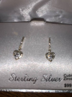 Heart shaped dangling earrings- sterling silver - cubic zirconia- NEW!