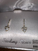 Heart shaped dangling earrings- sterling silver - cubic zirconia- NEW!
