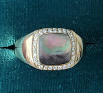 MENS KABANA HEAVY 14K YELLOW GOLD BLACK MOTHER OF PEARL & DIAMOND RING