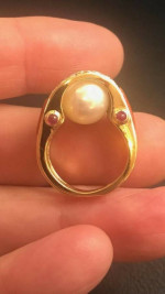 RANDY POLK 18k Pearl ring with Diamonds Rubies, Coral - w/ Appraisal