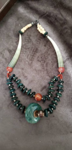 "VINTAGE" JADE, CORAL, STERLING SILVER BEADED STATEMENT NECKLACE
