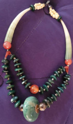 "VINTAGE" JADE, CORAL, STERLING SILVER BEADED STATEMENT NECKLACE