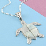 Blue Quartz Turtle Pendant Necklace 18 Inches in Silvertone 10.35 ctw