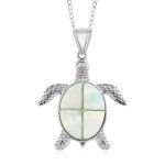 Blue Quartz Turtle Pendant Necklace 18 Inches in Silvertone 10.35 ctw