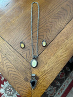 White Pendant With 24” Heavy Silver Chain With Earrings to Match Plus Extra Bl