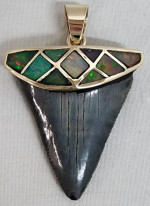 14K Yellow Gold Pendant Natural Black Opal with Shark Tooth
