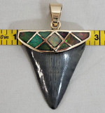 14K Yellow Gold Pendant Natural Black Opal with Shark Tooth