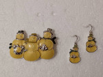 Vintage Silver-Tone Enameled Metal Snowman Trio Brooch & Earrings