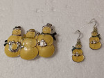 Vintage Silver-Tone Enameled Metal Snowman Trio Brooch & Earrings