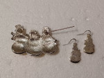 Vintage Silver-Tone Enameled Metal Snowman Trio Brooch & Earrings