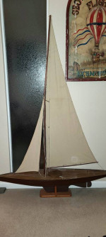 Large scale Pond yacht handcrafted from timber, cotton sails, stand...
