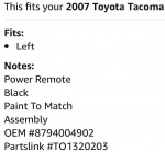 TACOMA 05-11 Manual/Powered Mirrors