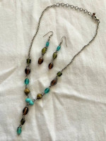 Turquoise, olive green & brown beaded Y shaped necklace & earring set