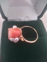 14k gold ring with coral flower and pearls
