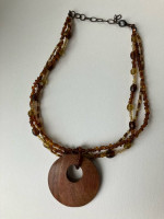 Wire Necklace with Amber Beads, Wood Pendant