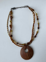 Wire Necklace with Amber Beads, Wood Pendant