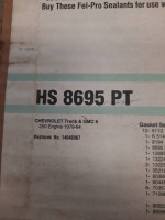 New felpro Head Gasket set HS8695PT chevrolet  250 six 79 to 84 years