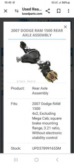 Dodge Ram rear end axle. 2 wheel drive. 3.21 ratio