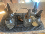 Vintage Glass Oil Bottle Set With 8 Bay Carrying Rack Auto Rat Rod Etc