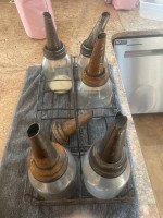 Vintage Glass Oil Bottle Set With 8 Bay Carrying Rack Auto Rat Rod Etc