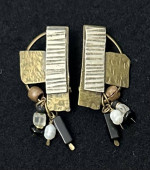 Vintage Hammered Bronze And Beads Clip On Brutalist Earrings
