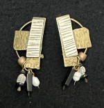 Vintage Hammered Bronze And Beads Clip On Brutalist Earrings
