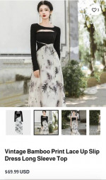 Vintage Bamboo Print Lace Up Slip Dress Long Sleeve Top
