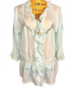 Johnny Was Light Baby Blue Eyelet Top Blouse Peasant Boho Hippie Hippy